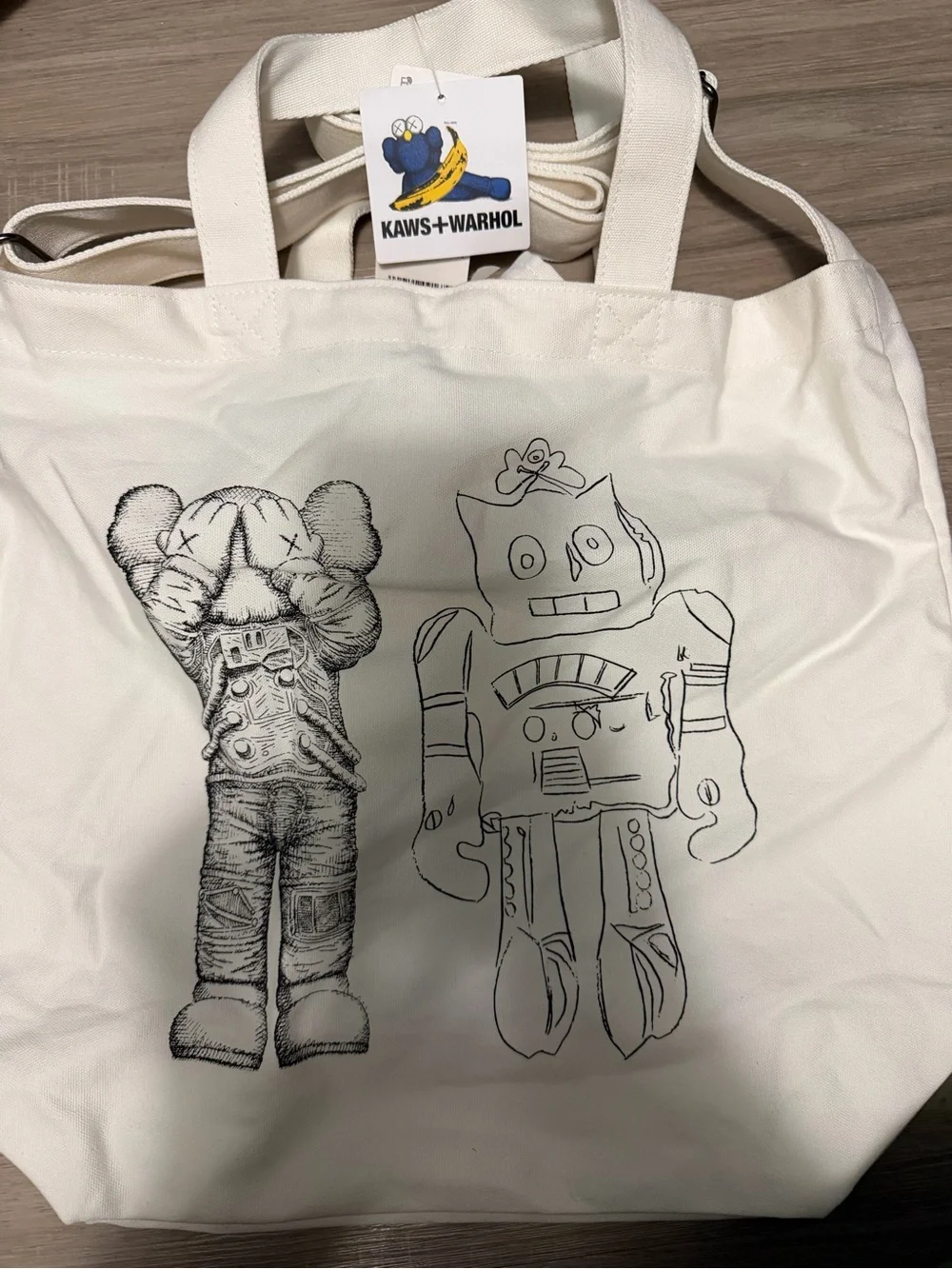 Cream Canvas Tote with Black Robot Print